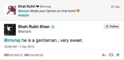 Shah Rukh Khan and Virat Kohli tweet #AskSRK