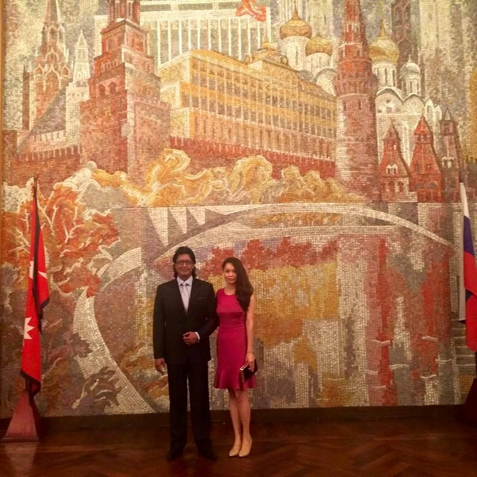 Rajesh Hamal and his wife at Russian embassy- thecinematimes.com