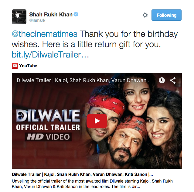 Shah Rukh Khan thanking The Cinema Times for wishing him on his birthday